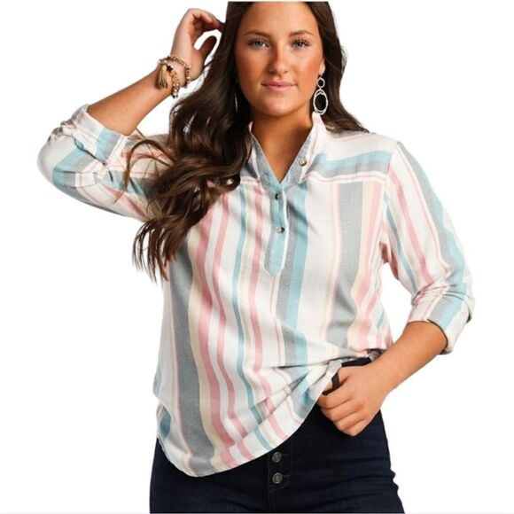 NWT BKE Long Sleeve Colorful Pastel Striped Eased Blouse Size Small - Picture 1 of 6